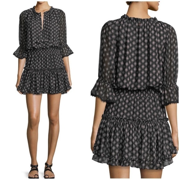 Misa Cerise Printed Split Neck Blouson Mini Dress Geometric Long Sleeve Black - Picture 1 of 16